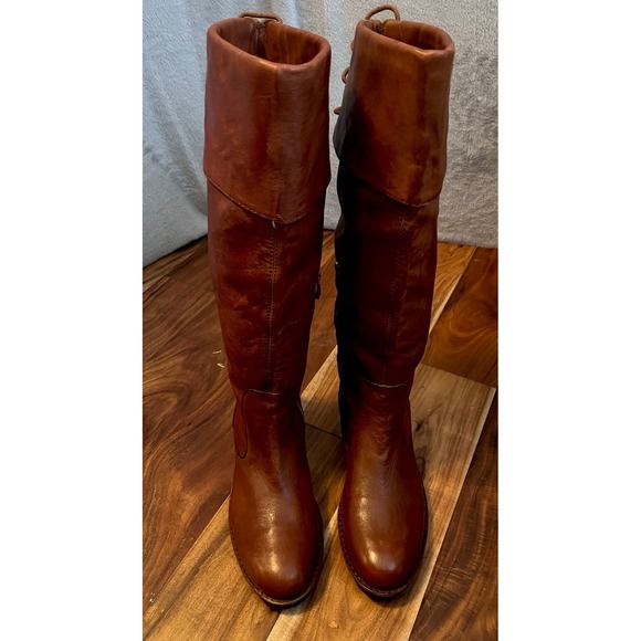 Vince Camuto Fay Boot Cognac Brown Leather Cuffed Lace Up Detailing‎ 8 Flat Heel - Picture 2 of 11